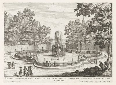 Fontein in de tuinen van de Villa Torlonia te Frascati
Fonte superior no cimo das escadas e cascata acima do teatro (...) (título sobre o objecto)
Fontes nas vilas de Frascati (título da série)
Fonteinen van Frascati (título da série) de Giovanni Battista Falda