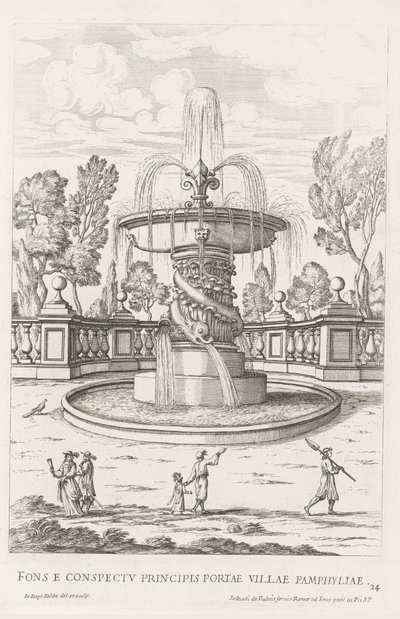 Fonte com golfinhos nos jardins de Villa Doria Pamphilj em Roma
Fons e conspectu principalis portae Villae Pamphyliae (título sobre o objecto)
Le fontane ne palazzi e ne giardini di Roma (título da série)
Fontes nos palácios e jardins de Roma (série tit de Giovanni Battista Falda