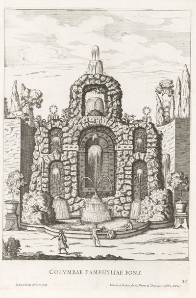 Fonte com pombos nos jardins da Villa Doria Pamphilj em Roma Columbae Pamphyliae fons (título no objeto) Le fontane ne palazzi e ne giardini di Roma (título da série) Fontes nos Palácios e Jardins de Roma (título da série) de Giovanni Battista Falda