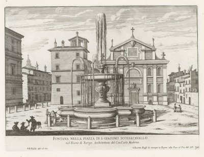 Fontein op Piazza Scossacavalli te Roma
Fonte na Piazza di S. Giacomo Scossacavallo (título sobre o objecto)
Fontes de Roma (título da série)
Fonteinen van Rome (título da série) de Giovanni Battista Falda
