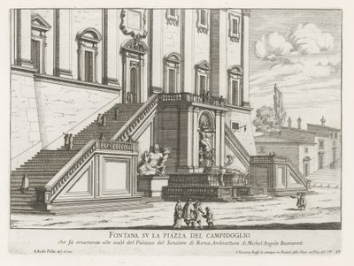 Fonte em frente ao Palazzo Senatorio no Capitólio em Roma Fontana su la Piazza del Campidoglio (título no objeto) Fontane di Roma (título da série) Fontes de Roma (título da série) de Giovanni Battista Falda