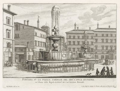 Fonteinen na Piazza Farnese te Roma Fonte na Piazza Farnese do ser.mo s.r Duca di Parma (título no objeto) Fontes de Roma (título da série) Fonteinen van Rome (título da série) de Giovanni Battista Falda