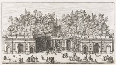 Teatro das Águas em de tuinen van de Villa Aldobrandini te Frascati Vista e elevação do grande teatro aquático da Villa Aldobrandina (...) (título no objeto) Fontes das vilas de Frascati (título da série) Fonteinen van Frascati (título da série) de Giovanni Battista Falda