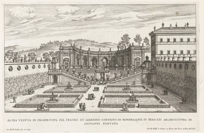 Tuinen van de Villa Mondragone te Frascati Outra perspectiva do teatro e jardim adjacente (...) (título no objeto) Fontes das vilas de Frascati (título da série) Fonteinen van Frascati (título da série) de Giovanni Battista Falda