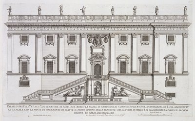 Vista da fachada do Palazzo Senatorio na Piazza del Campidoglio, Roma, iniciada por Michelangelo Buonarroti (1475-1564) e completada por Girolamo Rainaldi (1570-1655) de Giovanni Battista Falda