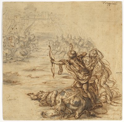 Uma cena de batalha fora de uma cidade murada, do século XVII de Giovanni Battista Foggini