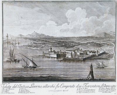 Vista do porto de Livorno quando foi comprado por Florentines em 1421, gravura da Coleção de melhores vistas da Cidade e do Porto de Livorno de Giovanni Battista Guerazzi