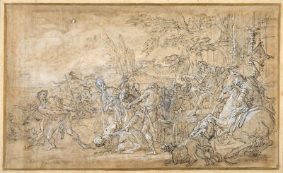 Cativos, incluindo um bispo, arrastados e encadernados antes do carro triunfal de um general romano (caneta e tinta castanha, caneta com a cor do corpo branca, sobre preliminares em giz preto sobre papel creme) de Giovanni Battista Lenardi