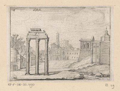 Vista do Fórum Romano em Roma Listesso (título no objeto) Vistas de Roma (título da série) Alcune vedute et prospettive di luoghi dishabitati di Roma (título da série) de Giovanni Battista Mercati