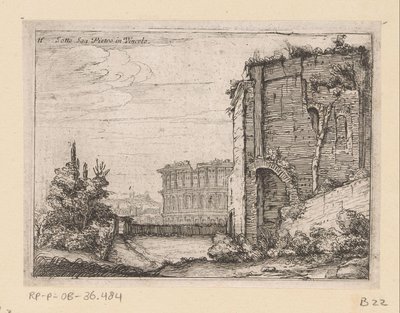 Ruínas do edifício antigo e do Coliseu em Roma Sotto San Pietro in Vincolo (título no objeto) Vistas de Roma (título da série) Alcune vedute et prospettive di luoghi dishabitati di Roma (título da série) de Giovanni Battista Mercati