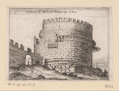 Tombe van Caecilia Metella em Roma Sepulcrum M. Mallorum chamado Cabo de Boue (título no objeto) Gezichten op Rome (título da série) Algumas vistas e perspectivas de lugares desabitados em Roma (título da série) de Giovanni Battista Mercati