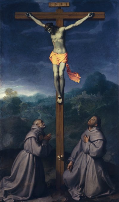 Crucificação com Santos Bernardino e Antônio de Pádua, de Giovanni Battista Moroni (1525 ca- 1578), óleo sobre tela, 226x133 cm, Igreja de San Giuliano, Albino de Giovanni Battista Moroni