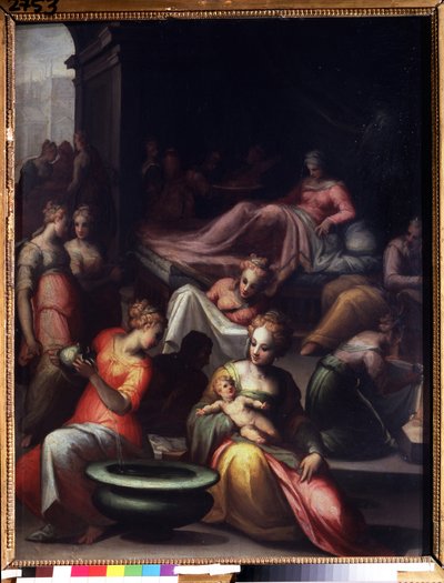 A Natividade de João Baptista. Pintura de Giovanni Battista Naldini (1537-1591). Óleo sobre tela. Tamanho: 89x74cm. Florentine Maniersme arte. Museu Pushkin, Moscovo. de Giovanni Battista Naldini