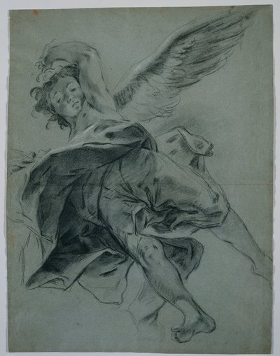 Um anjo voador reto, Estudos de mãos tocando instrumentos verso, 1723-1727. de Giovanni Battista Piazzetta