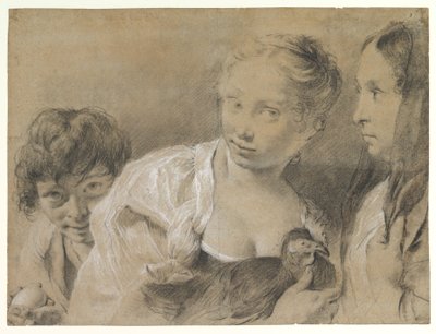 Rapaz com um ovo, rapariga com uma galinha e uma mulher a observar de Giovanni Battista Piazzetta