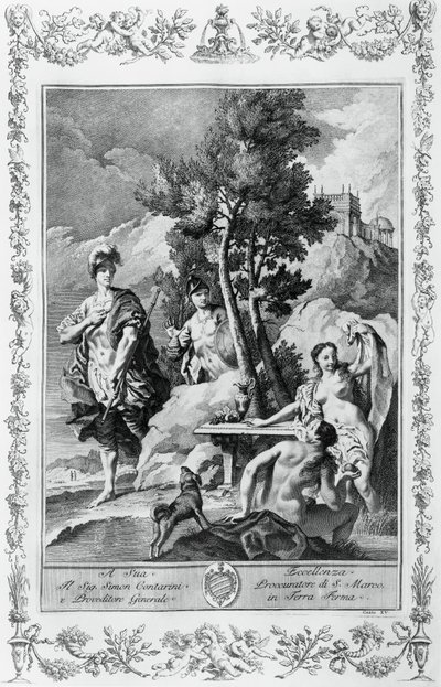 Carlo e Ubaldo nas Ilhas Feliz, gravura, de Giovanni Battista Piazzetta (1683-1754) para Canto XV de Jerusalém Entregue, de Torquato Tasso (1544-1595), Giovanni Battista Albrizzi edição, Veneza, Itália de Giovanni Battista Piazzetta