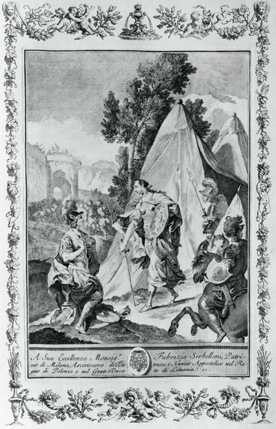 Cruzados no Cerco de Jerusalém, gravura, de Giovanni Battista Piazzetta (1683-1754) para Canto III de Jerusalém Entregue, de Torquato Tasso (1544-1595), publicado por Giovanni Battista Albrizzi, Veneza, Itália de Giovanni Battista Piazzetta