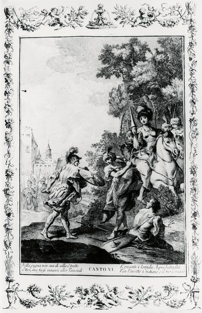 Duelo entre Ottone e Tancredi na presença de Clorinda, canto VI, Jerusalém entregue de Giovanni Battista Piazzetta