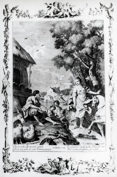 Erminia sendo saudada pelo pastor, canto VII, Jerusalém entregue de Giovanni Battista Piazzetta
