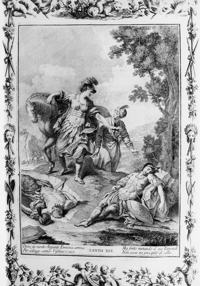 Erminia encontrando Tancredi ferida, Canto XIX, Jerusalém entregue de Giovanni Battista Piazzetta