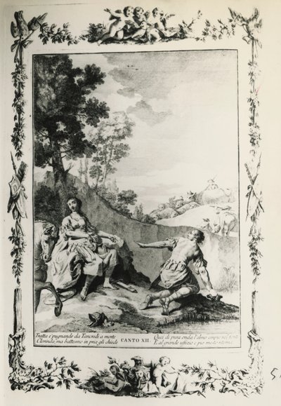 Jerusalém Entregue, canto XII, ilustração de Giovanni Battista Piazzetta (1683-1754) para poema de Torquato Tasso (1544-1595), edição publicada em Veneza em 1745, Itália de Giovanni Battista Piazzetta