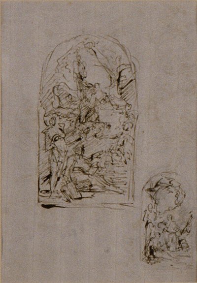 Esboços para um altar com Santa Margarida de Cortona, São Sebastião e São Roque (anverso); Dois esboços para um altar (verso) de Giovanni Battista Piazzetta