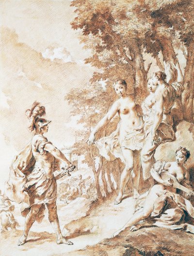 Tancredi no limiar da floresta encantada, cena de A Jerusalém Entregue por Torquato Tasso, de Giovanni Battista Piazzetta (1682-1754), sangüíneo de Giovanni Battista Piazzetta