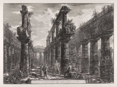 A., B. Vista dos restos das duas filas de colunas que se encontravam no Templo de Neptuno, que lateralmente formavam os pórticos na cella e sustentavam a cobertura do edifício ... de Giovanni Battista Piranesi
