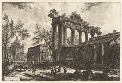 Altra Veduta degli avanzi del Pronao del Tempio del Concordia (Outra vista dos restos mortais do Pronaos do Templo da Concórdia [o Templo de Saturno com o Arco de Septímio Severo no fundo esquerdo]), de Vedute di Roma (Vistas de Roma) de Giovanni-Battista Piranesi