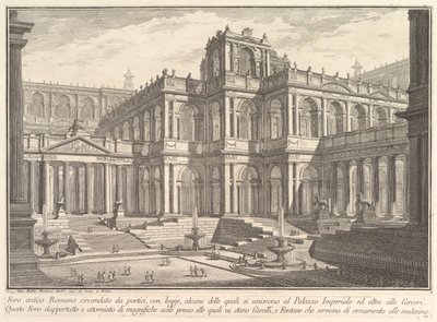 Fórum romano antigo cercado por pórticos, com galerias, algumas das quais comunicam ..., ca. 1750 de Giovanni Battista Piranesi