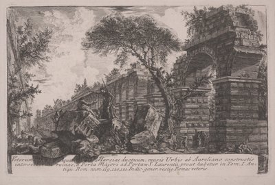 Antigo aqueduto da Acqua Marcia nas muralhas erguidas por Aureliano de Giovanni Battista Piranesi