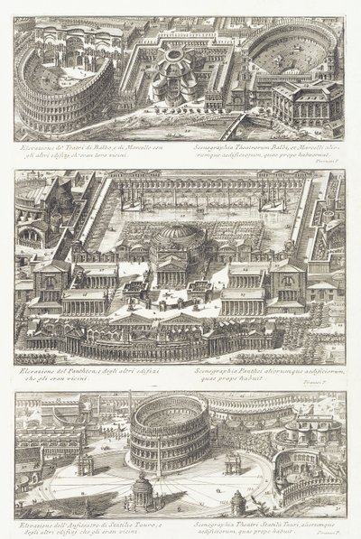 Vista aérea dos teatros Balbo e Marcello, do Panteão e arredores e do anfiteatro Statilio Tauro de Giovanni Battista Piranesi