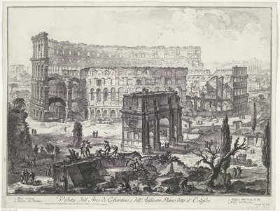 Boog van Constantijn no Coliseu de Roma Vista do Arco de Constantino e do Anfiteatro Flaviano conhecido como Coliseu (título no objeto) Gezichten op Rome (título da série) Vistas de Roma projetadas e gravadas pelo arquiteto Giambattista Piranesi Ve (nez) i de Giovanni-Battista Piranesi