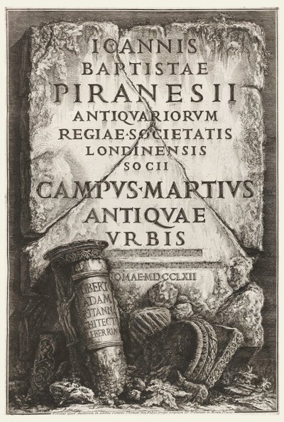Livro, Frontispício, com dedicatória a Robert Adam, em O Campo Marzio da Roma Antiga de Giovanni Battista Piranesi