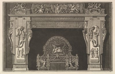 Chaminé: Friso de troféus e vitórias aladas no lintel, com cornucopias ..., ca. 1769 de Giovanni Battista Piranesi