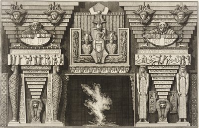 Lareira em estilo egípcio: duas múmias de perfil à esquerda e duas figuras que transportam obeliscos à direita. de Giovanni Battista Piranesi