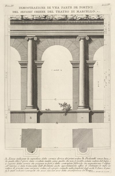 Elevação e planta do pórtico de segunda ordem no Teatro Marcellus Teatro di Marc ..., 1756. de Giovanni Battista Piranesi