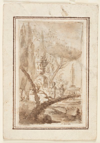 Fantasia de um jardim com uma urna monumental, esculturas e uma fonte de Giovanni Battista Piranesi