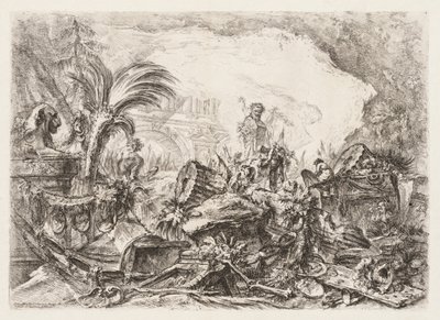 Groteschi: Ruínas com uma estátua de um fauno e uma coluna caída de Giovanni-Battista Piranesi