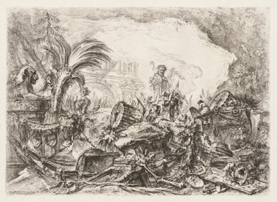 Groteschi: ruínas com uma estátua de um fauno e uma coluna caída, ca. 1745-50. de Giovanni Battista Piranesi