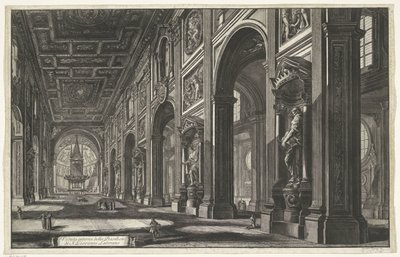 Interieur van de Sint-Jan van Lateranen te Roma Vista interior da Basílica de S. Giovanni Laterano (título no objeto) Gezichten op Rome (título da série) Vistas de Roma projetadas e gravadas pelo arquiteto Giambattista Piranesi Ve (nez) iano (título da sér de Giovanni Battista Piranesi