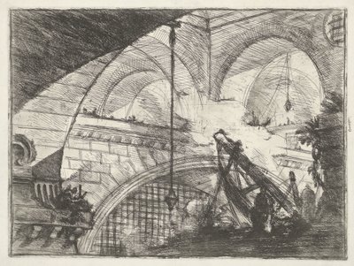Calabouço com instalação elevatória Arco com enfeite de concha Dungeons (título da série) Invenzioni Capric di Carceri all Acqua Forte (título da série) de Giovanni Battista Piranesi