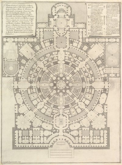 Plano de uma faculdade espaçosa e magnífica, projetada após a antiga academia de ginástica da Gree ..., 1750. de Giovanni Battista Piranesi