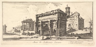 Ilustração 13: Arco de Settimius Severus 1. Templo da Concórdia. 2. Subida ao Capitólio ..., ca. 1748 de Giovanni Battista Piranesi