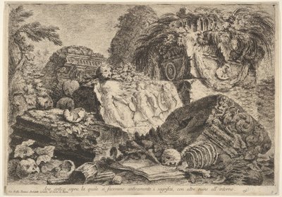 Ilustração 7: Altar antigo no qual sacrifícios eram realizados na antiguidade, cercados por outros ..., 1743. de Giovanni Battista Piranesi