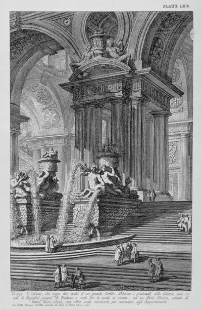 Placa LXV Capricho arquitetônico de um grupo monumental de colunas sustentando dois arcos de um grande pátio com magníficas fontes ornamentadas com estátuas e baixos-relevos datados de 1743 de Vedute, de Giovanni Battista Piranesi