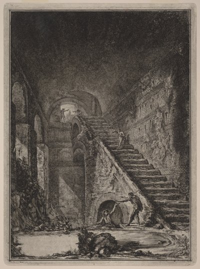 Perspectiva da escada do reservatório de água dos alojamentos já mencionados, assinalados em planta na prancha XIII com a letra G. de Giovanni Battista Piranesi