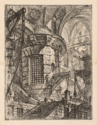 As prisões: um edifício abobadado com uma coluna central com janela gradeada de Giovanni Battista Piranesi