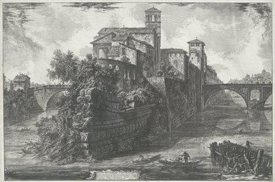 Tibereilândia te Roma Vista da Ilha Tiberina (título no objeto) Gezichten op Rome (título da série) Vistas de Roma projetadas e gravadas pelo arquiteto Giambattista Piranesi Ve (nez) iano (título da série) de Giovanni Battista Piranesi