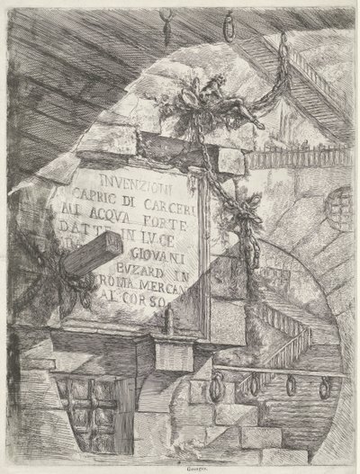 Impressão de título com rosto em calabouço e título na parede
Masmorras (título da série)
Invenzioni Capric di Carceri all Acqua Forte (título da série sobre o objecto) de Giovanni Battista Piranesi